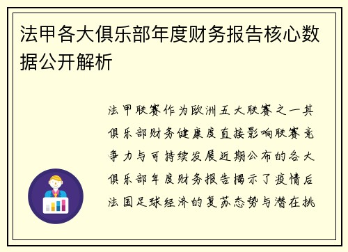 法甲各大俱乐部年度财务报告核心数据公开解析